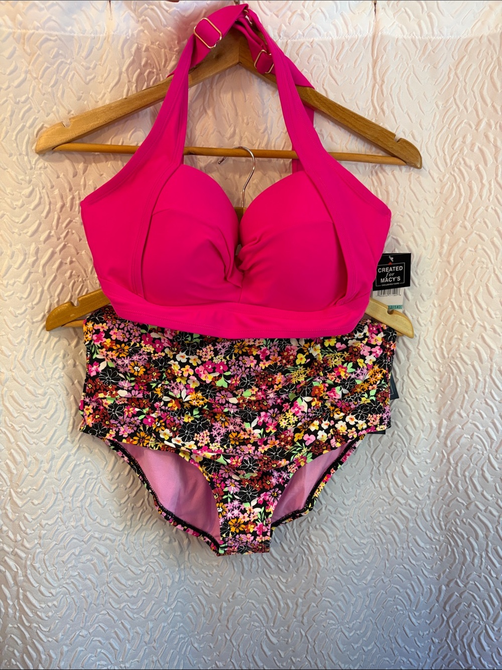 California Waves Hot Pink Halter Two-Piece with Rouched High Waist bottoms